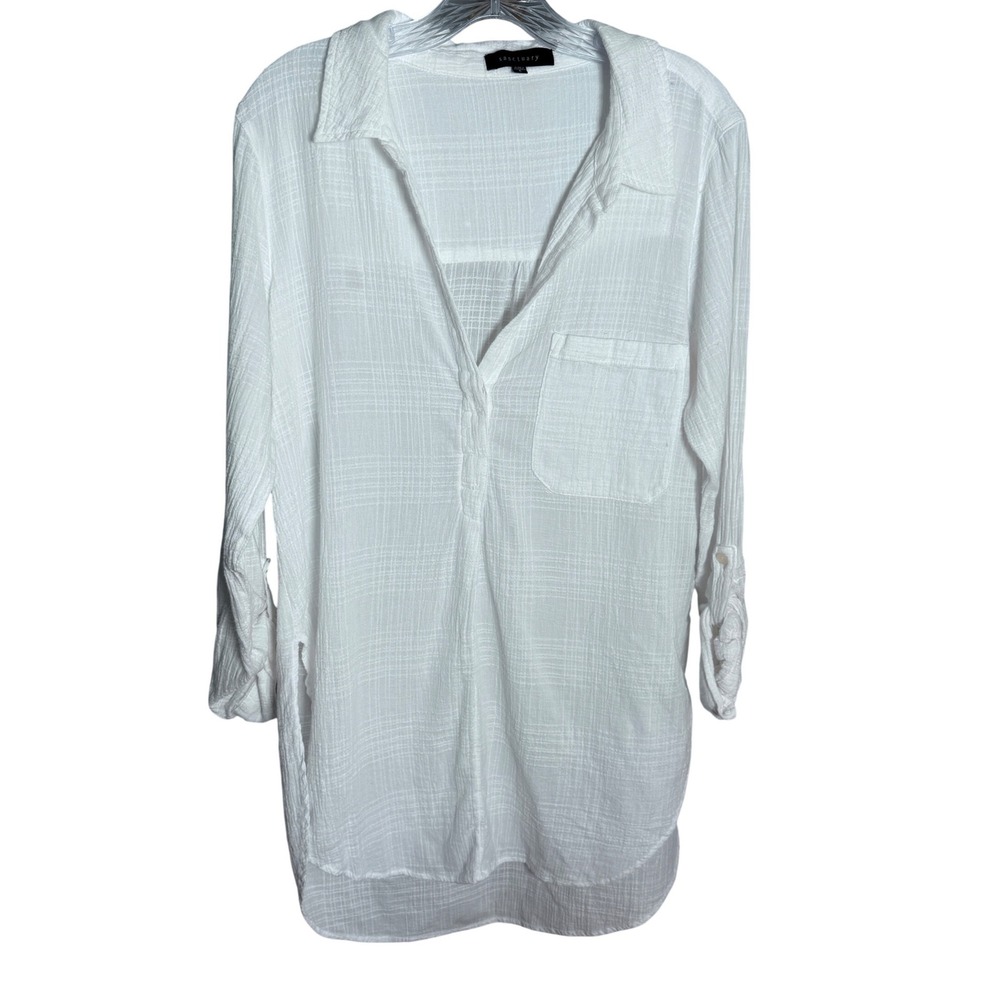 Sanctuary Cotton Gauze Henley Tunic Women Large White Roll Tab Sleeve Beach